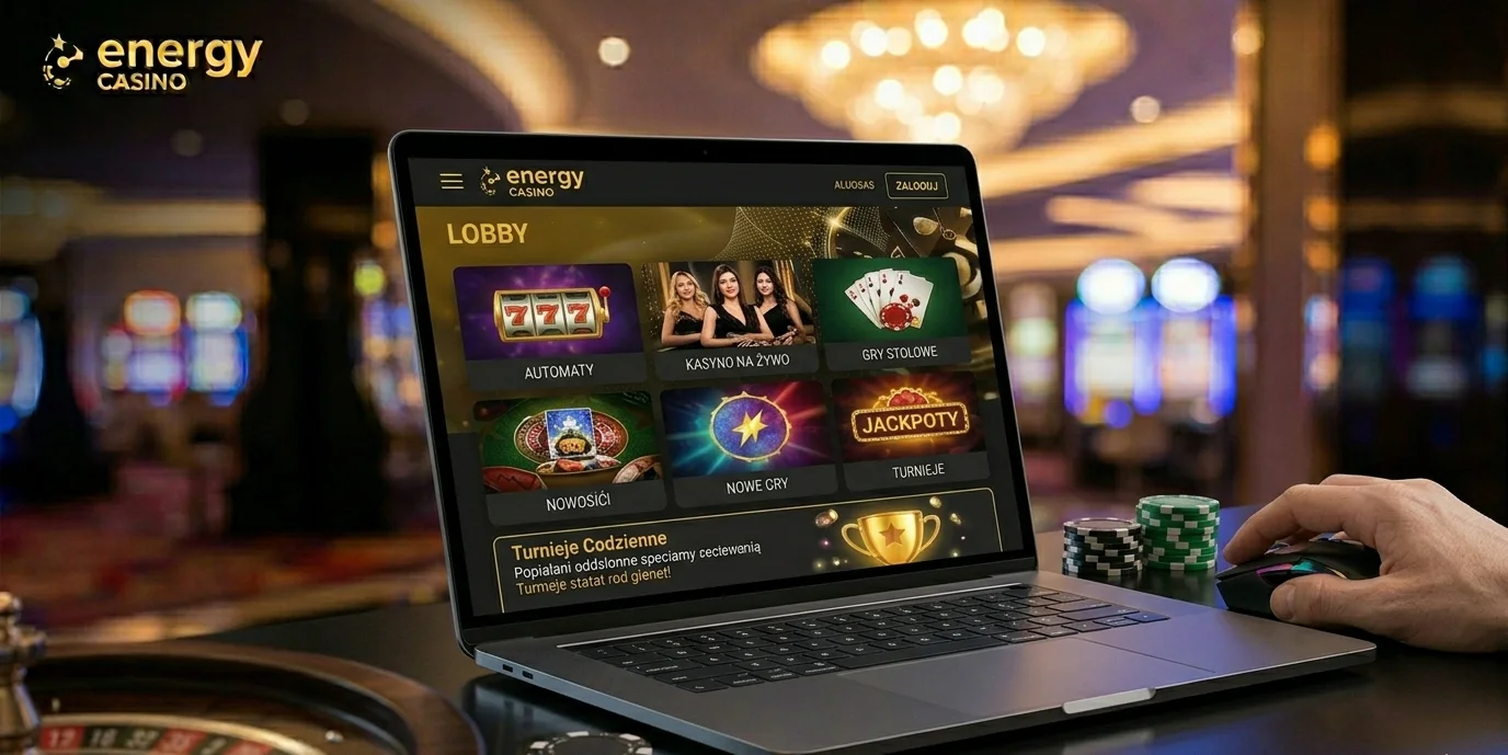 Lobby gier Energy Casino z kategoriami slotów, live casino i jackpotów