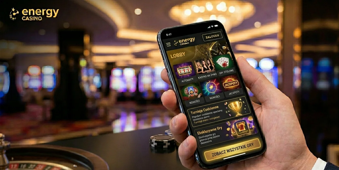 Energy Casino lobby gier mobilne z kategoriami slotów, live casino i jackpotów