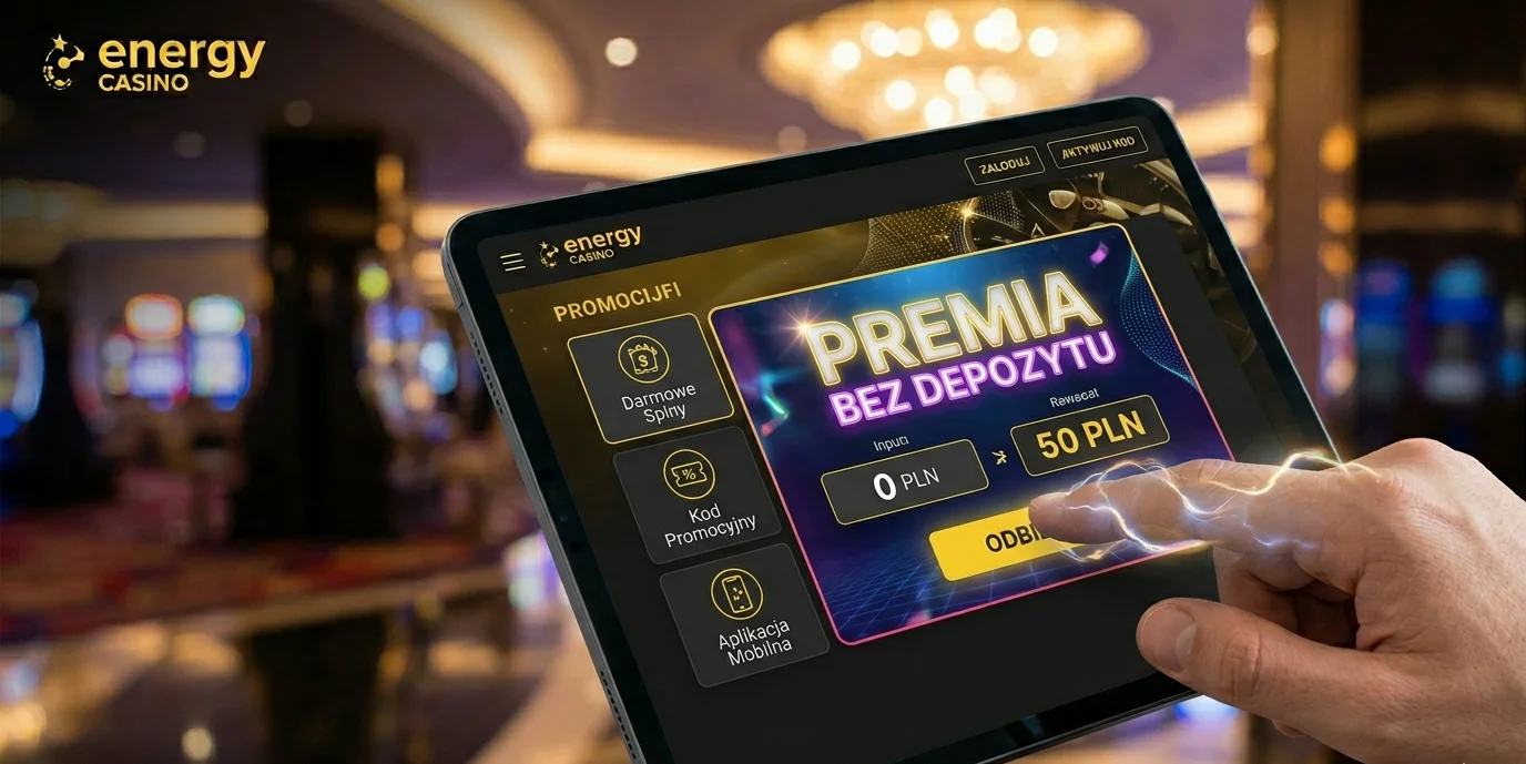 Energy Casino bonus bez depozytu z banner promocyjnym 50 PLN na tablecie