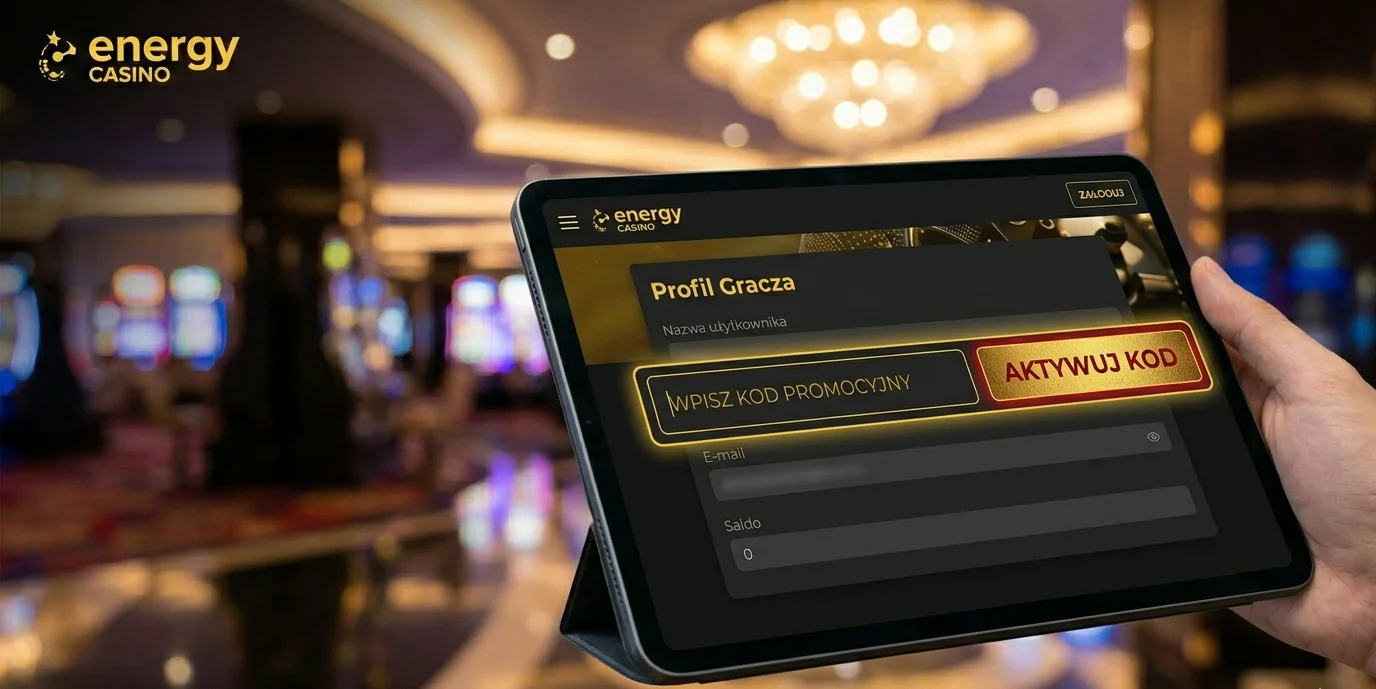 Aktywacja kodu promocyjnego Energy Casino na tablecie z prezentem i free spinami