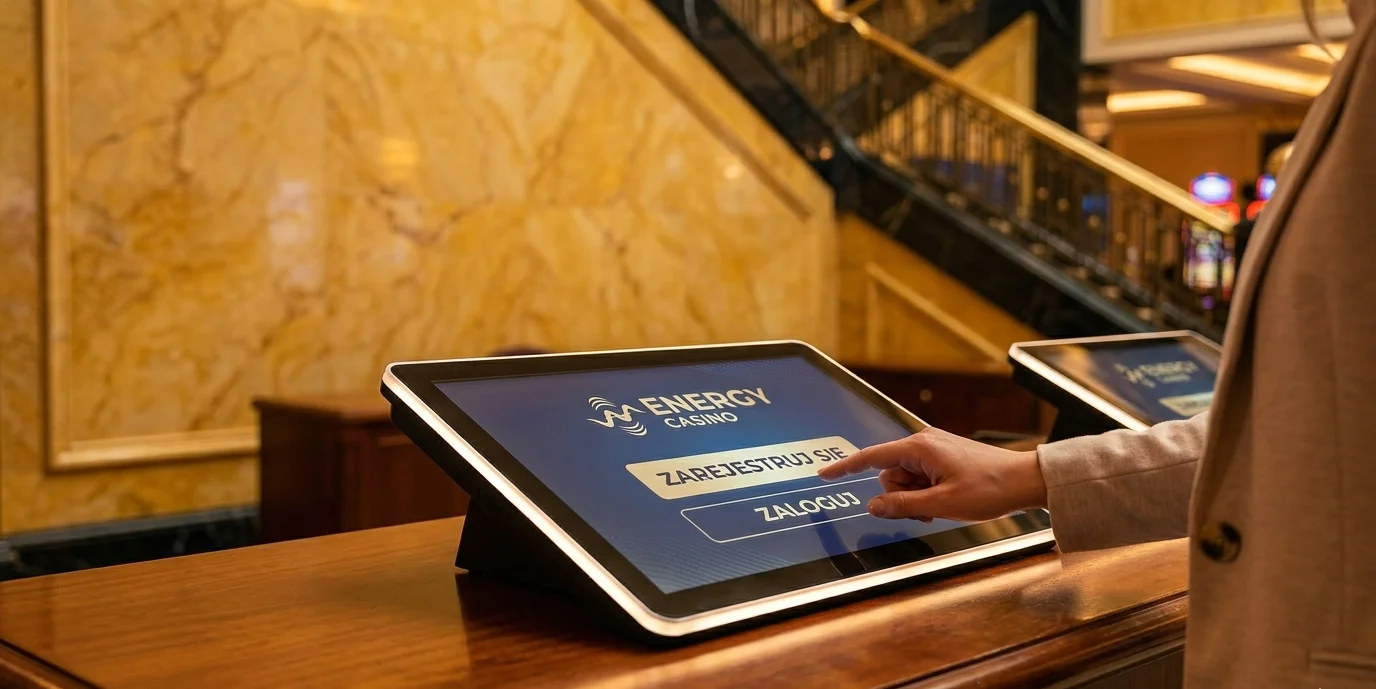 Ekran logowania i rejestracji Energy Casino na panelu dotykowym