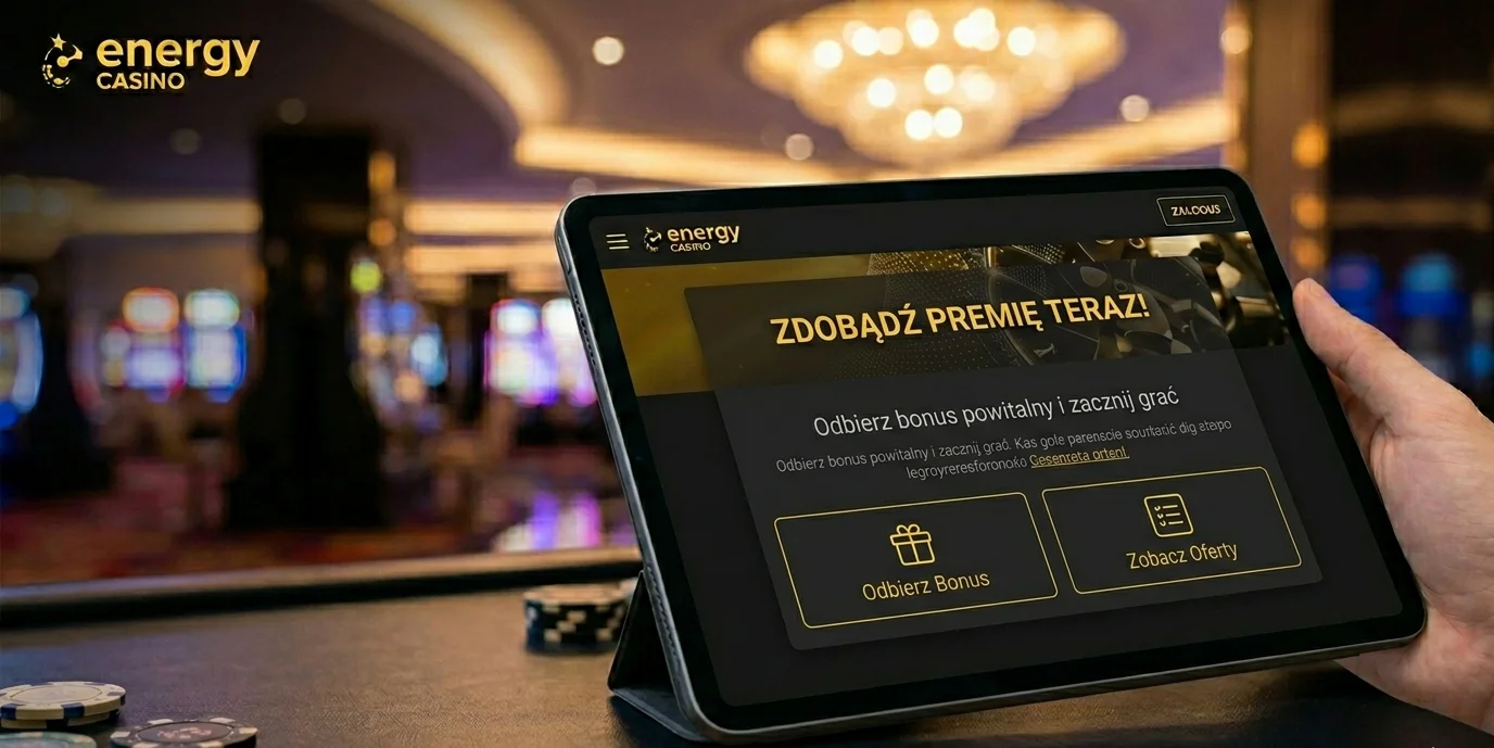 Energy Casino bonus powitalny widziany na tablecie z kartą promocyjną