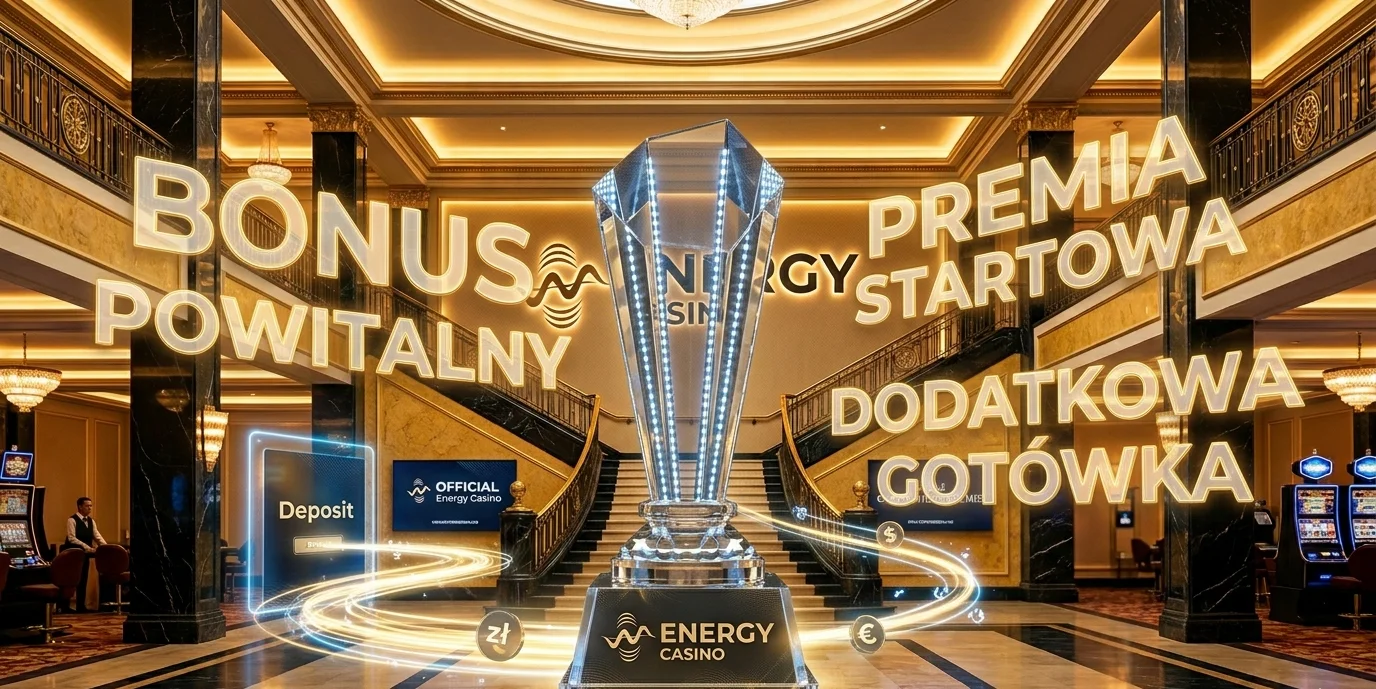 Banner bonusu powitalnego Energy Casino z trofeum i hasłem 100% do 200 EUR